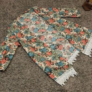 Adorable Floral Sheer Cardigan with Lace Trim